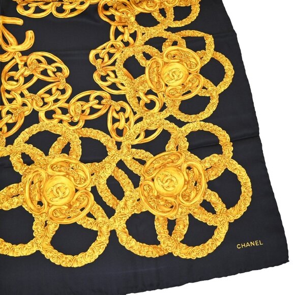 CHANEL CC Logo XL 96cm Scarf Handkerchief 100% Silk Black Italy - Picture 3 of 6